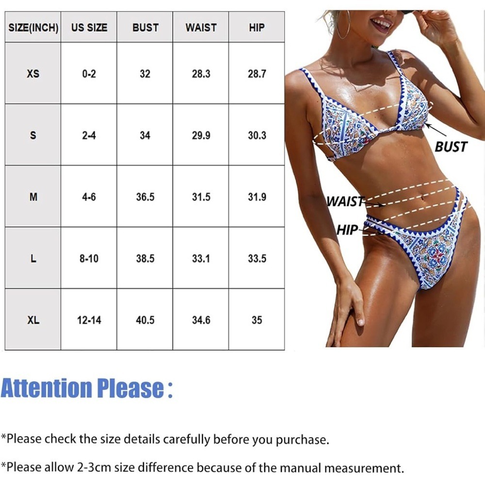 New Blue Yellow Mediterranean Tile Print Scalloped Triangle Bikini Set Large - Picture 4 of 11